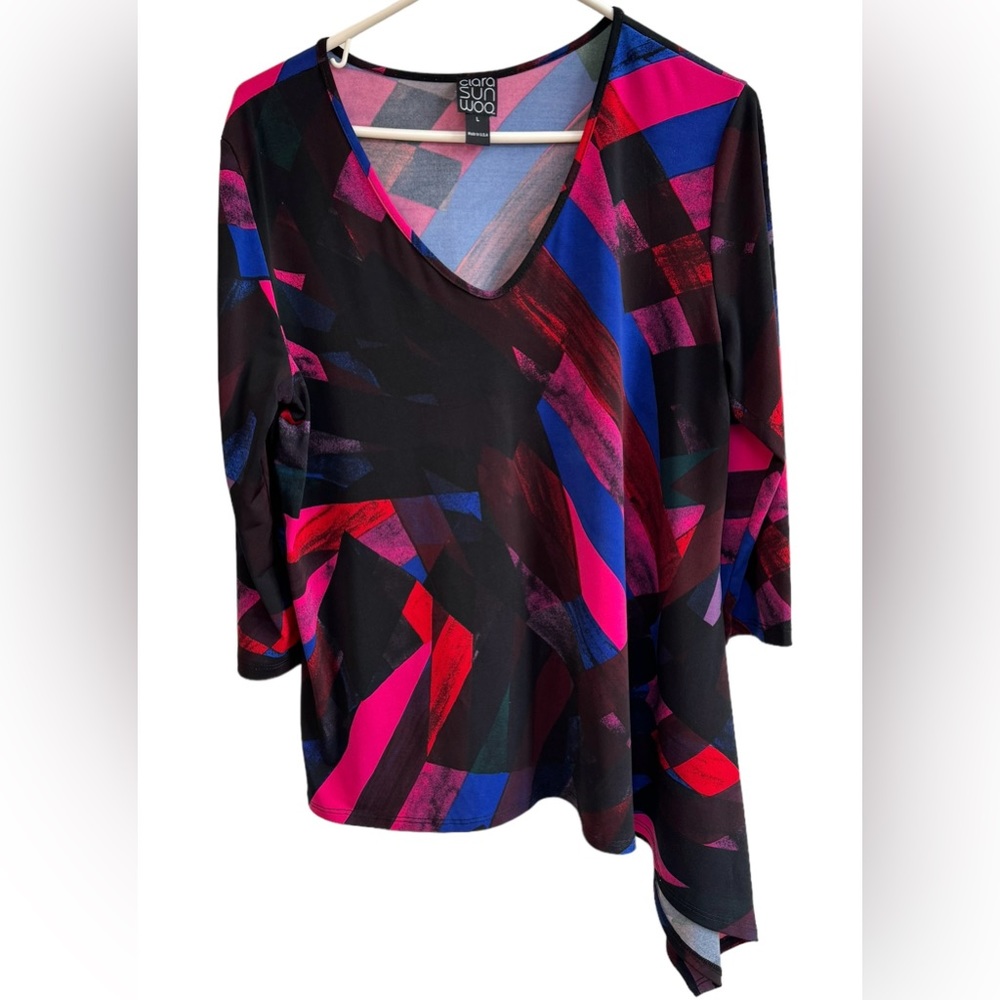 CLARA SUN WOO Large Top Art to Wear Vibrant Asymmetrical Tunic 3/4 Sleeve EUC
